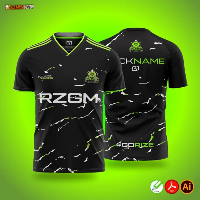 a Estampa Esports Rize Gaming! Inspirada no universo gamer, essa arte foi desenvolvida para destacar sua camisa em campeonatos