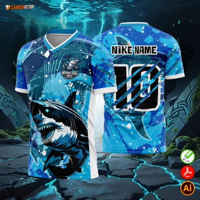 Mostre a força, velocidade e atitude da sua equipe com a Estampa Interclasse Tubarão! Um design agressivo e impactante, perfeito para camisas de turmas que querem se destacar nas gincanas, competições escolares e jogos interclasse com estilo feroz e determinado.