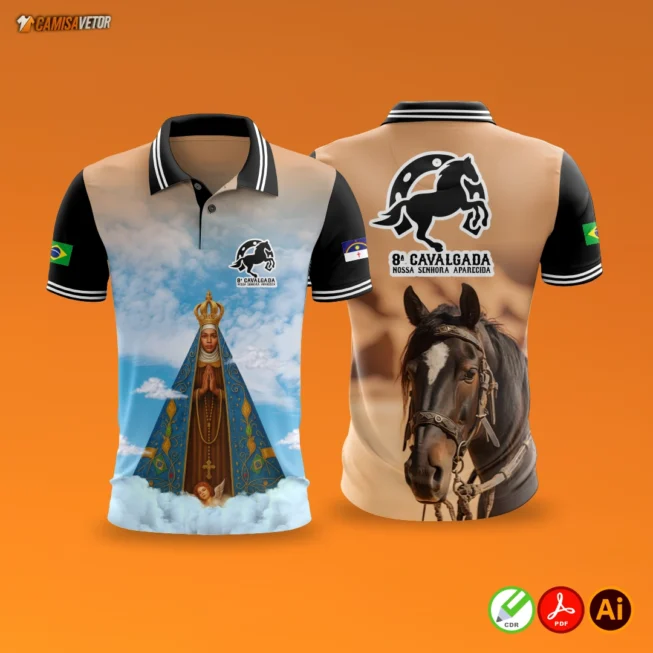 Celebre a fé e a tradição sertaneja com a Estampa Oficial da 8ª Cavalgada Nossa Senhora Aparecida! Um design exclusivo para marcar o evento com estilo e devoção.