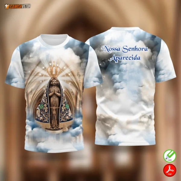 Demonstre sua fé e devoção com a Estampa Nossa Senhora Aparecida, padroeira do Brasil. Ideal para camisetas, uniformes, festas religiosas, romarias e eventos de comunidade católica. Uma arte cheia de significado para honrar a Mãe Aparecida. 🌟