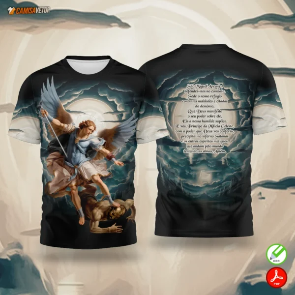 Leve a força e a proteção celestial com a Estampa São Miguel Arcanjo, o grande defensor contra o mal e comandante dos exércitos celestiais. Uma arte poderosa para camisetas religiosas, grupos de oração e celebrações católicas. 🙏🔥