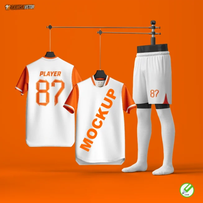 Apresente seus projetos de forma profissional e impactante com o Mockup Conjunto Esportivo Gola LA. Ideal para designers, estamparias e equipes que querem visualizar uniformes antes da produção.