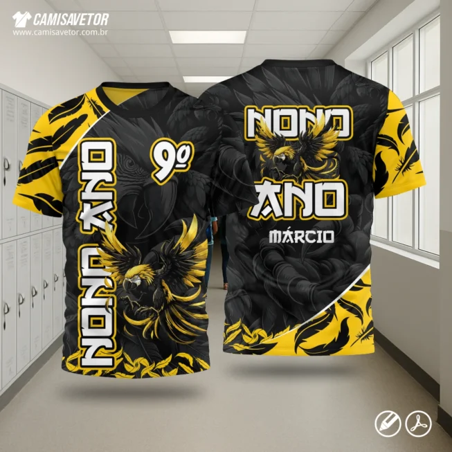 Arte exclusiva com design tropical vibrante, ideal para camisas de formatura do 9º ano. Arquivo pronto para sublimação, serigrafia e DTF.