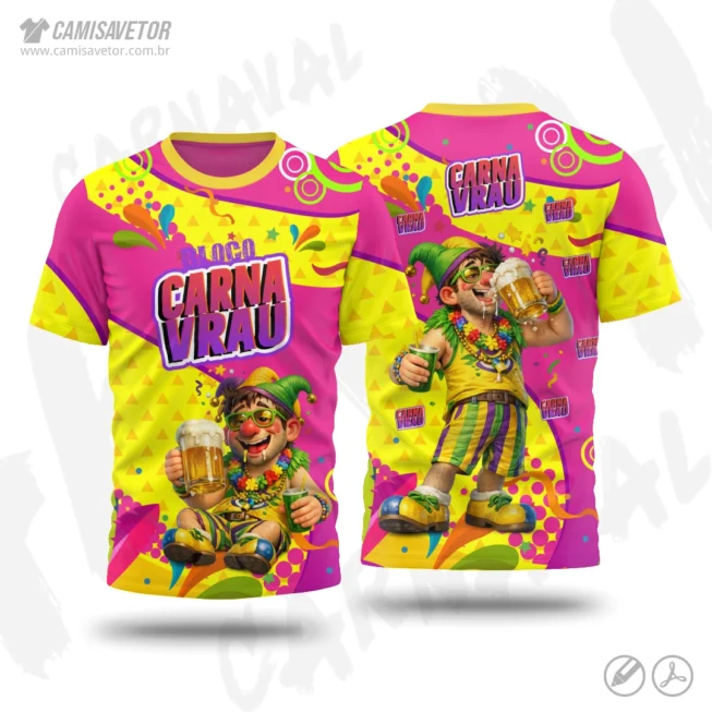 A Estampa Carnaval Bloco Carnavrau 03 é um produto digital profissional, ideal para camisetas de blocos carnavalescos, abadás, eventos de carnaval, festas e ações promocionais. Design alegre e temático, perfeito para personalização e impressão.