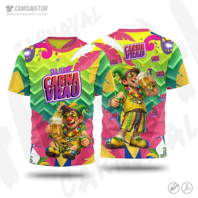 A Estampa Carnaval Bloco Carnavrau 05 é um produto digital profissional, ideal para camisetas de blocos carnavalescos, abadás, eventos de carnaval, festas e ações promocionais. Design alegre e temático, perfeito para personalização e impressão.