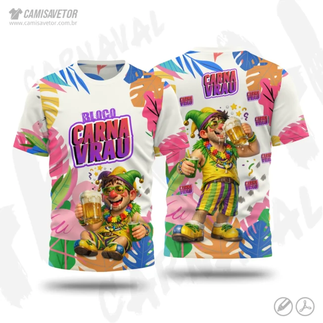 A Estampa Carnaval Bloco Carnavrau 07 é um produto digital profissional, ideal para camisetas de blocos carnavalescos, abadás, eventos de carnaval, festas e ações promocionais. Design alegre e temático, perfeito para personalização e impressão.