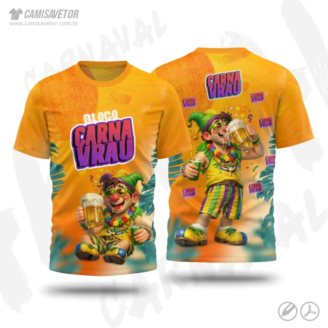A Estampa Carnaval Bloco Carnavrau 15 é um produto digital profissional, ideal para camisetas de blocos carnavalescos, abadás, eventos de carnaval, festas e ações promocionais. Design alegre e temático, perfeito para personalização e impressão.