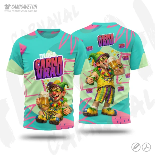 A Estampa Carnaval Bloco Carnavrau 19 é um produto digital profissional, ideal para camisetas de blocos carnavalescos, abadás, eventos de carnaval, festas e ações promocionais. Design alegre e temático, perfeito para personalização e impressão.