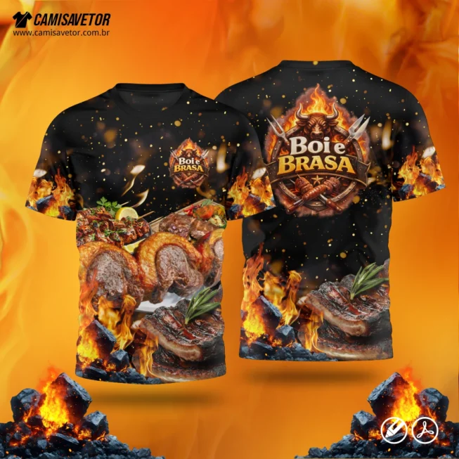 A Estampa Churrascaria Boi e Brasa é um produto digital profissional, ideal para camisetas de churrascarias, uniformes de equipe, eventos gastronômicos e divulgação da marca. Design com identidade rústica e temática de fogo e churrasco, pronto para impressão.