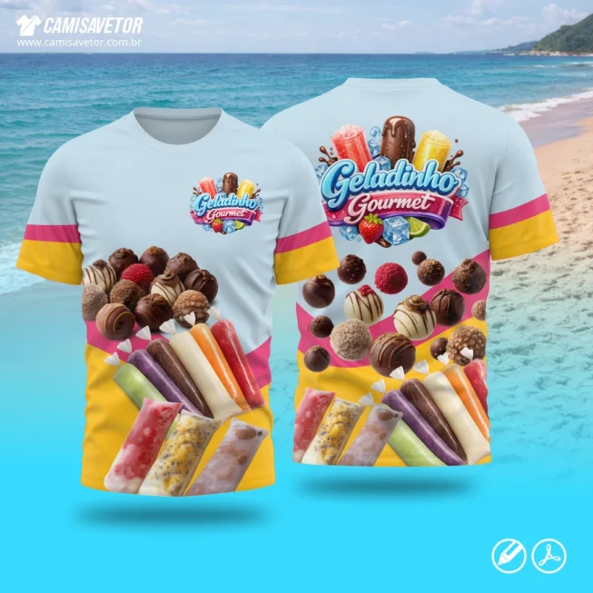 A Estampa Geladinho Gourmet é um produto digital profissional, ideal para camisetas de marcas de geladinho, uniformes, eventos promocionais e divulgação visual do negócio. Design moderno e atrativo, com identidade gastronômica, pronto para impressão.