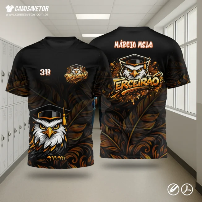 A Estampa Terceirão Águia é um produto digital profissional, desenvolvida para camisetas de formatura, turmas do terceirão e projetos escolares personalizados. A águia simboliza força, visão e conquista, trazendo um visual marcante e moderno, pronto para impressão.