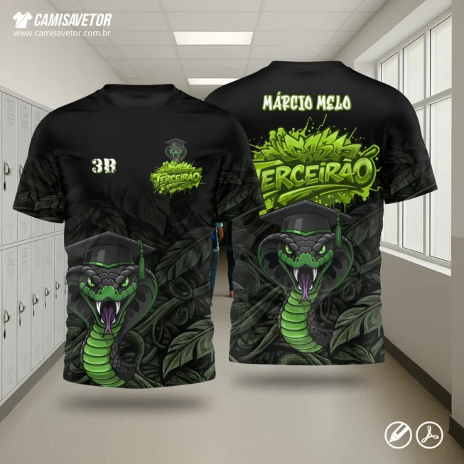 A Estampa Terceirão Cobra 2 é um produto digital profissional, ideal para camisetas de formatura, turmas do terceirão e projetos escolares personalizados. A cobra representa estratégia, força e superação, com um visual moderno e impactante, pronto para impressão.