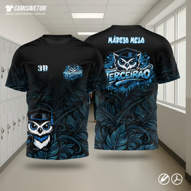 A Estampa Terceirão Coruja é um produto digital profissional, ideal para criação de camisetas escolares, formaturas e projetos personalizados. O design traz a coruja como símbolo de sabedoria, foco e conquista, com visual ilustrado moderno, pronto para impressão e edição.