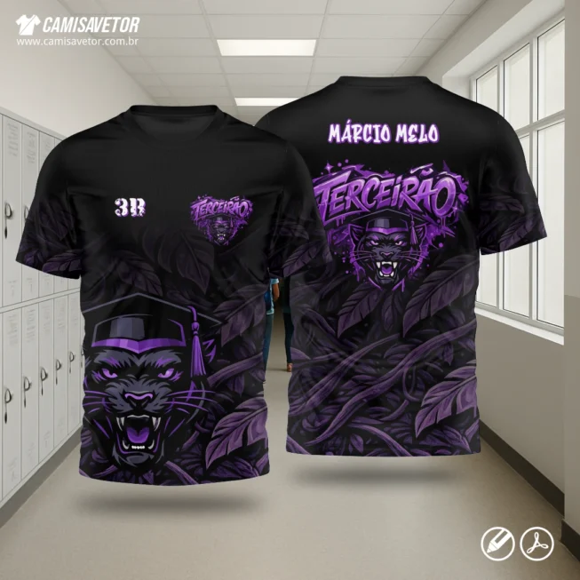 A Estampa Terceirão Pantera 2 é um produto digital profissional, criada para camisetas de formatura, turmas do terceirão e projetos escolares personalizados. A pantera simboliza força, atitude e liderança, com um visual moderno e impactante, pronto para impressão.