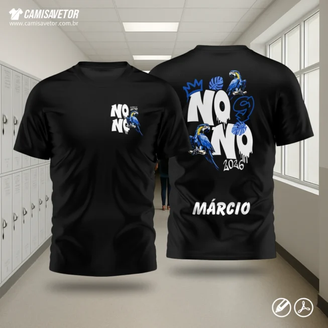 Estampa Nono Ano Arara Azul é um produto digital profissional, ideal para camisetas de turmas do 9º ano, formaturas escolares e eventos estudantis. A Arara Azul simboliza força, liberdade e união da turma, trazendo um visual marcante e moderno, pronto para impressão em camisetas.